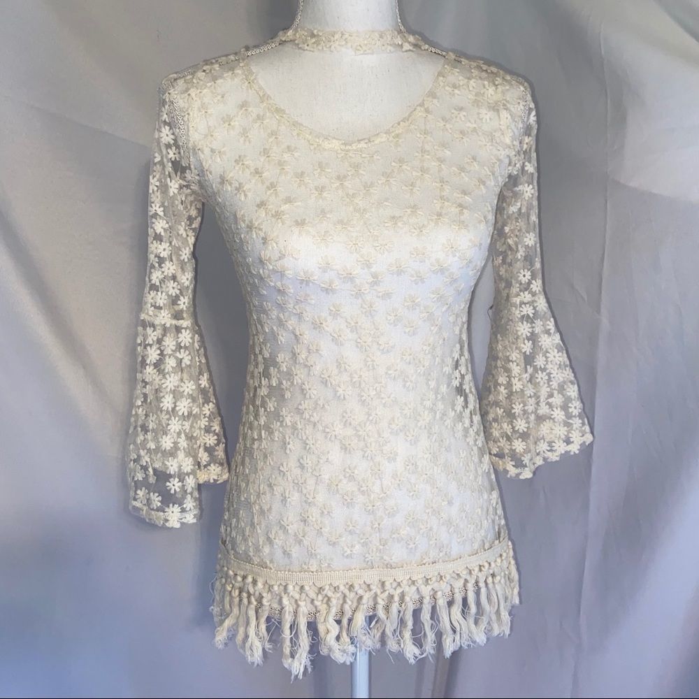 Ropalia Sheer Top with Flower Detail-OFF-WHITE color
